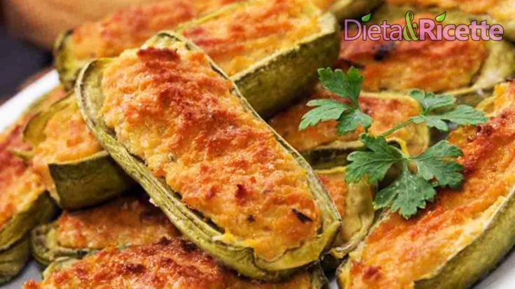 zucchine ripiene di ricotta al forno, farcite e gratinate