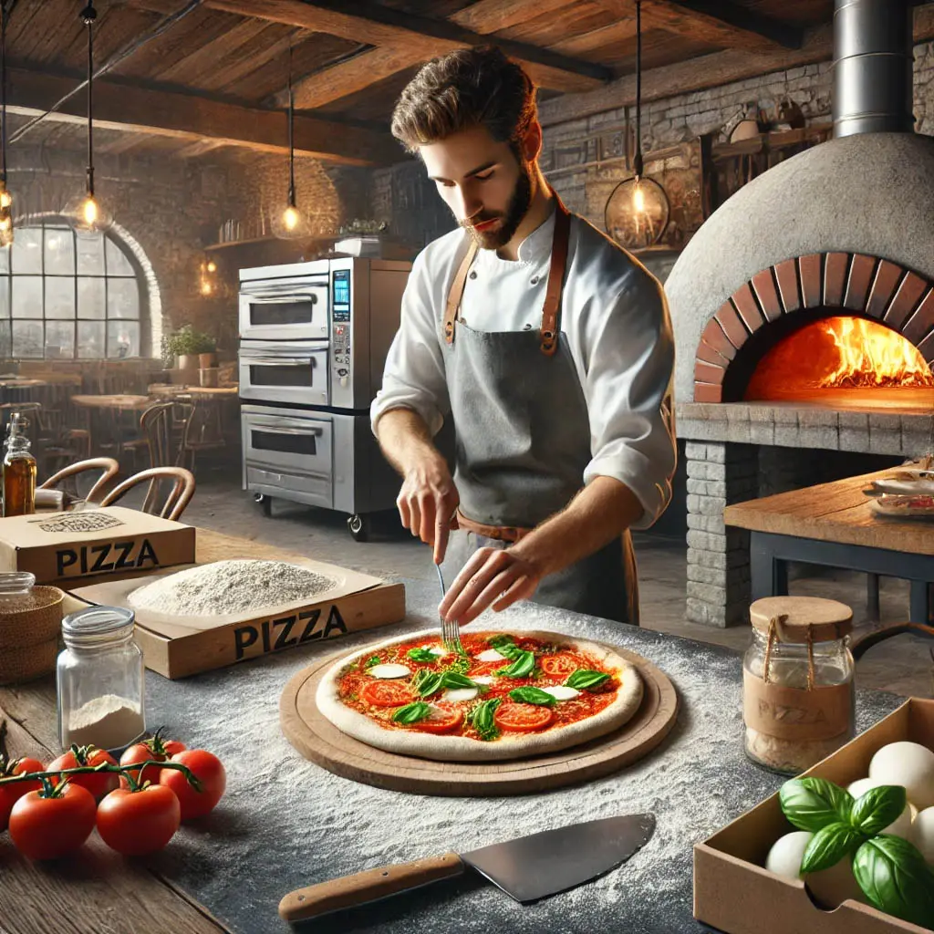 Pizzaiolo che prepara una pizza artigianale con ingredienti freschi e locali.